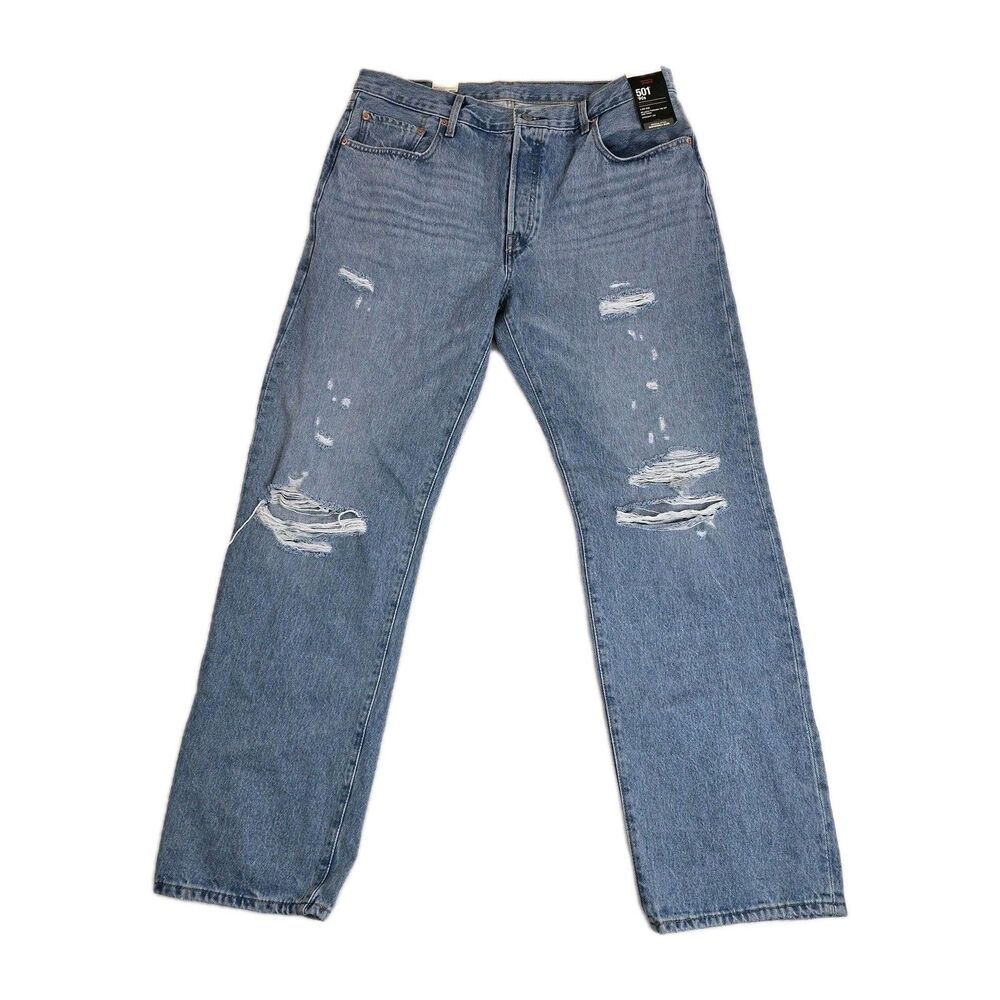 Levi's 501 90s Jeans Mens 33x32 Light Blue Distressed Denim Ripped Button Fly